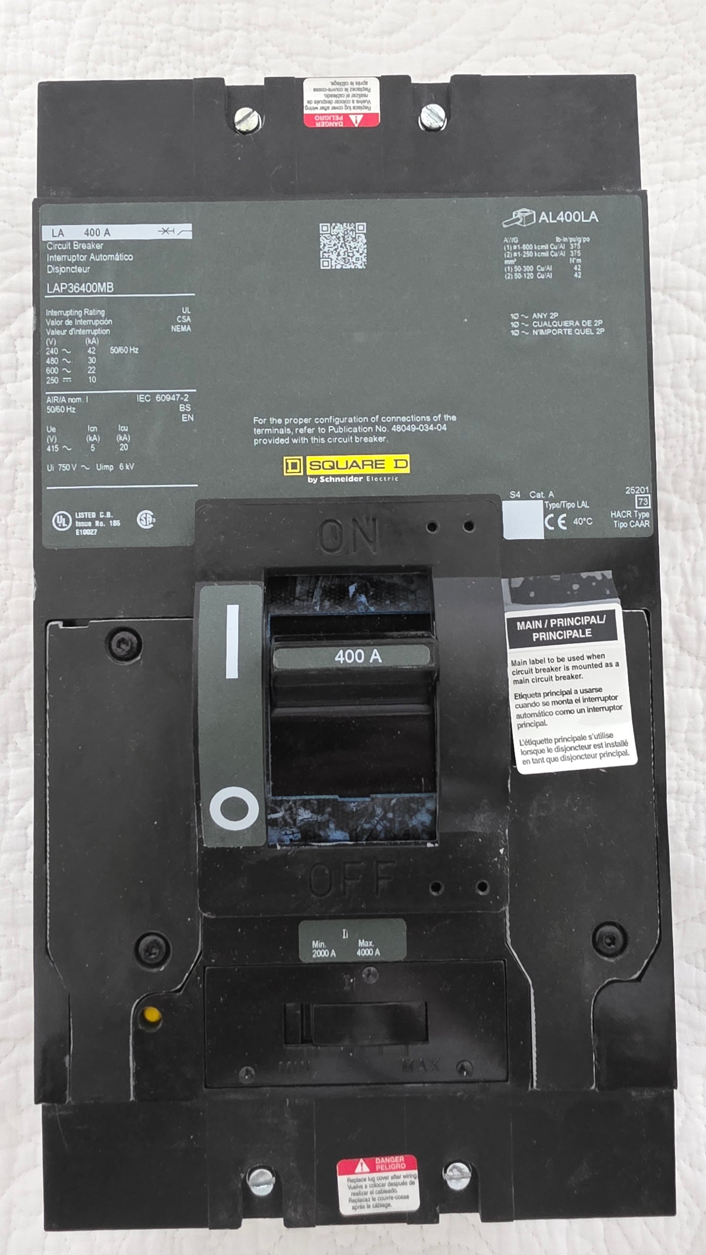 LAP36400MB  Circuit Breaker, LA, 400A, 3Pole, 600VAC, 22kA, 250VDC, 10kA, lugs, thermal magnetic, short handle