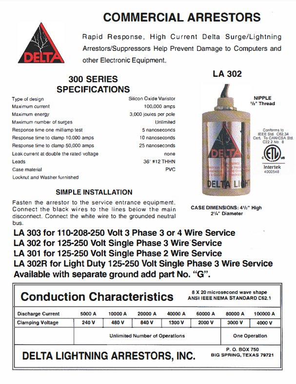 LA301  2 wire single phase: 18" leads, 0-300 volts