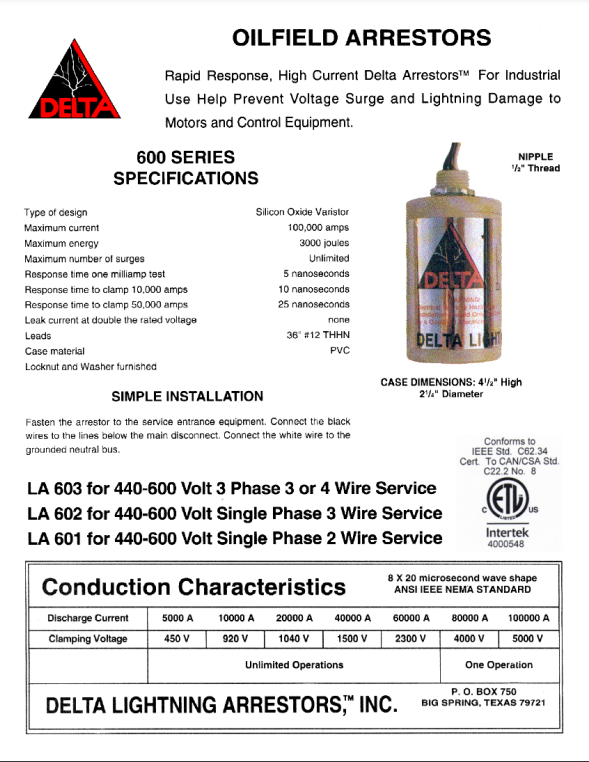 LA601   2 wire single phase: 18" leads, 0-650 volts