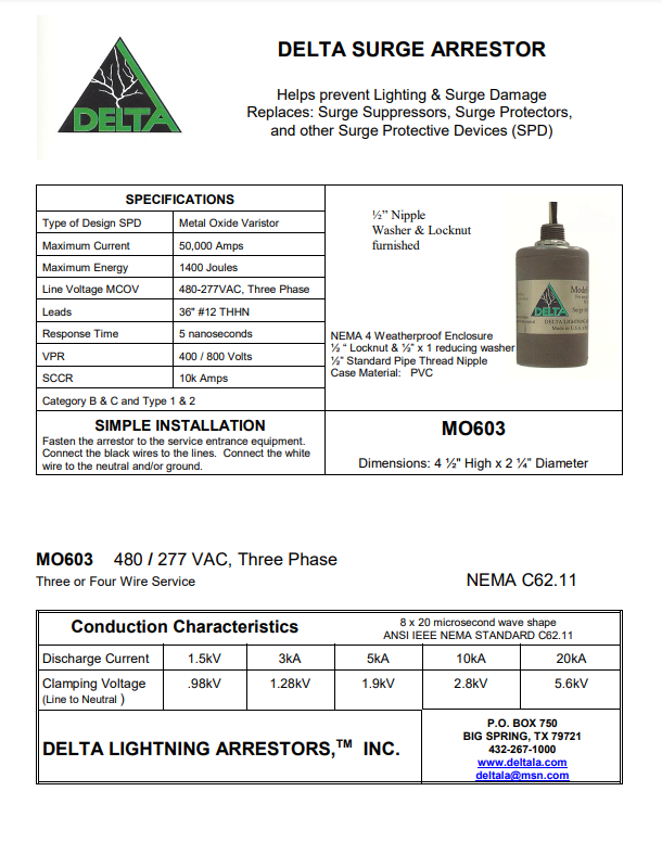 MO603  4 wire three phase: 36" leads, 277/480 volts MOV