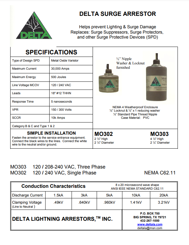 MO302  3 wire single phase: 18" leads, 120/240 volts MOV