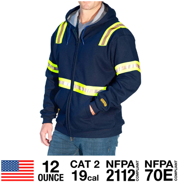 FLAME RESISTANT ZIP UP HOODIE WITH HIVIS STRIPING